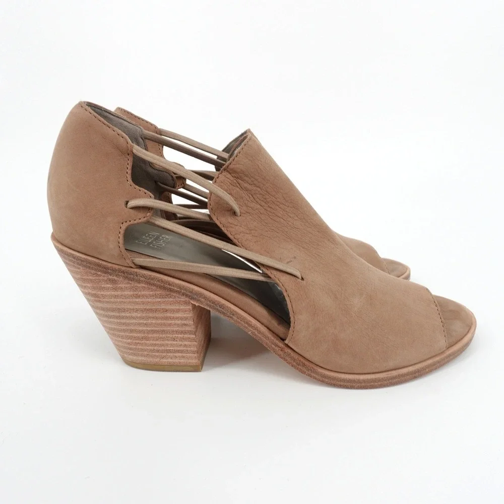 Eileen Fisher Tan Leather Open Toe Block Heel Shootie Booties Size 7
